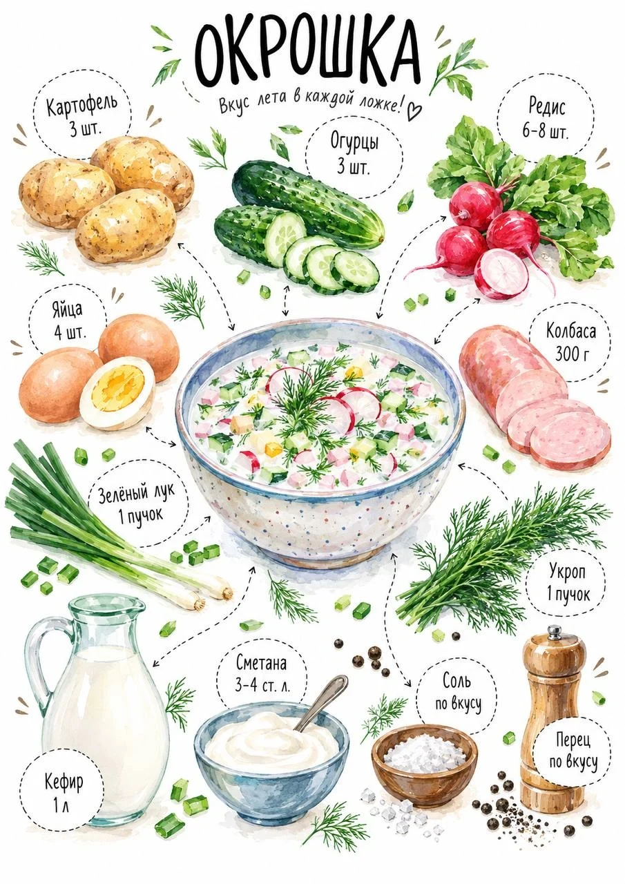 Watercolor ingredient layout for okroshka with potatoes, cucumbers, radishes, eggs, sausage, green onion, dill, kefir, sour cream, salt and pepper