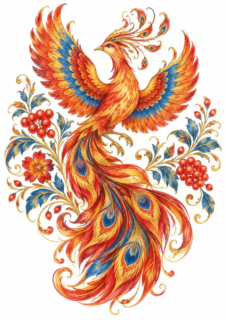 Firebird Among Floral Ornaments