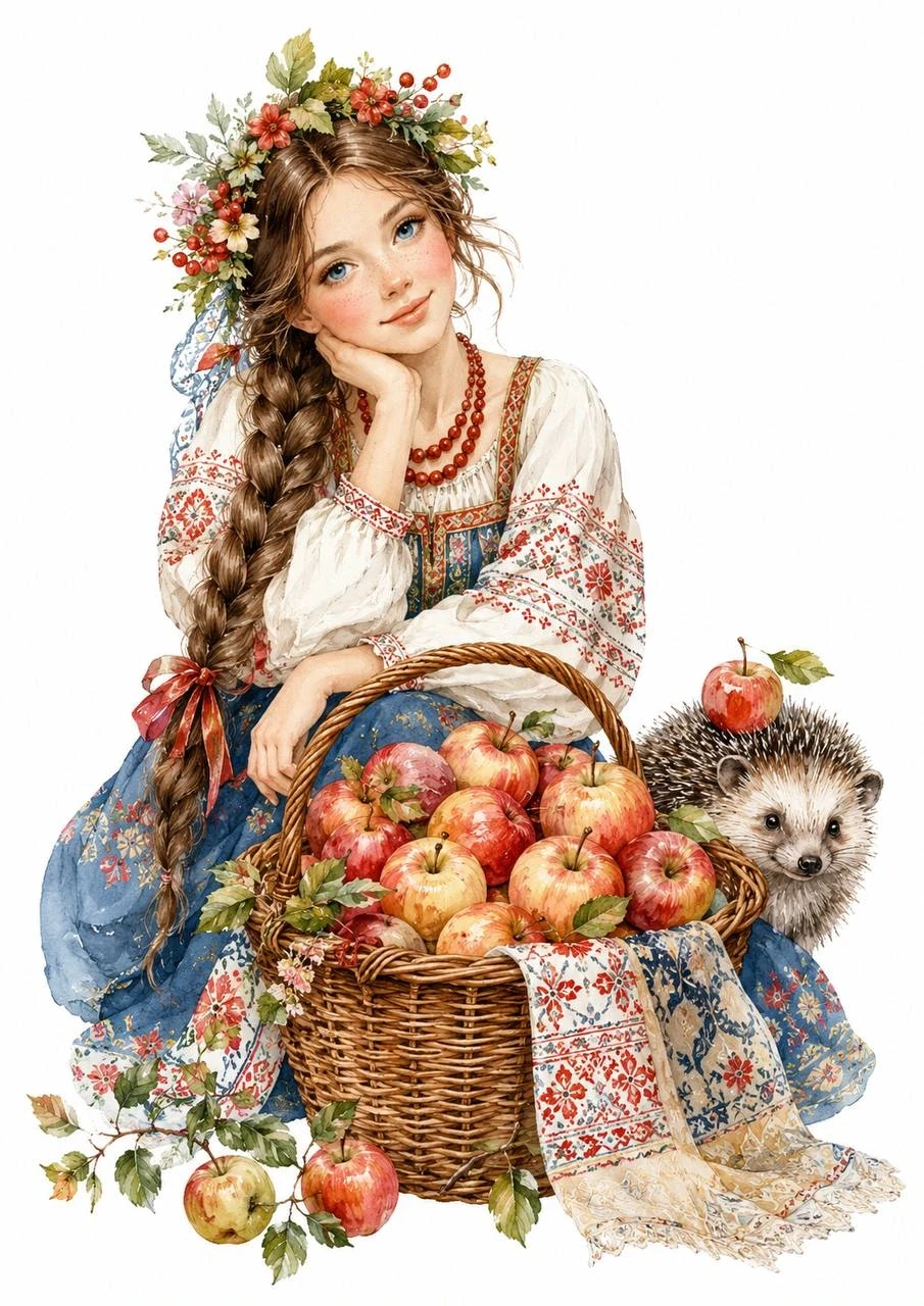 Soft watercolor illustration of a folk girl with a basket of apples, floral wreath and a hedgehog beside her