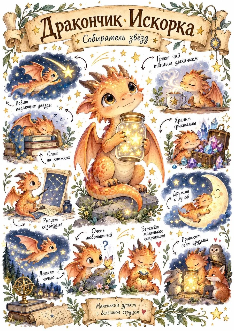 Character sheet style watercolor illustration of a cute little dragon named Spark, collecting stars, crystals and moonlight in whimsical scenes