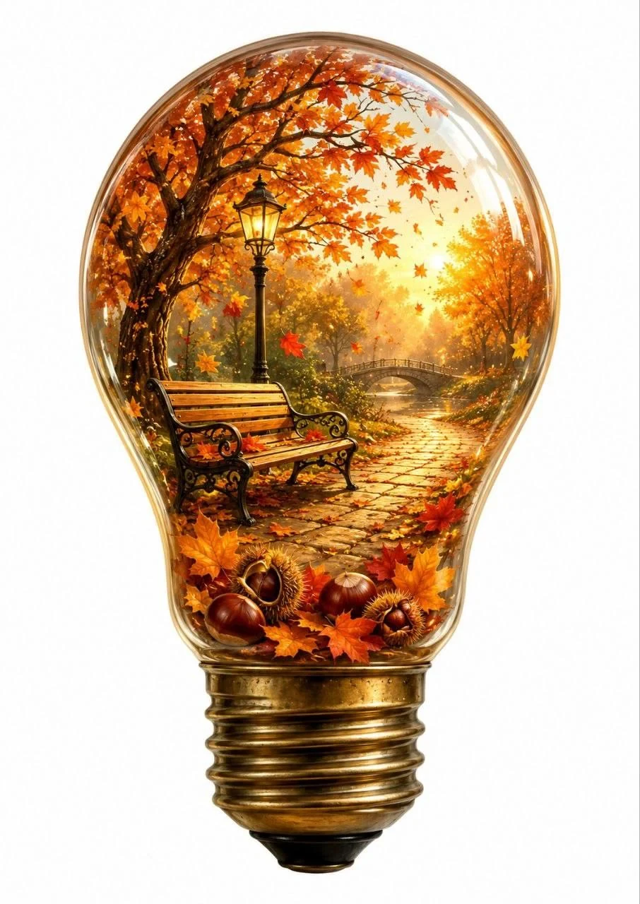 Warm watercolor autumn park scene inside a vintage lightbulb with a bench, glowing lantern, arched bridge and chestnuts