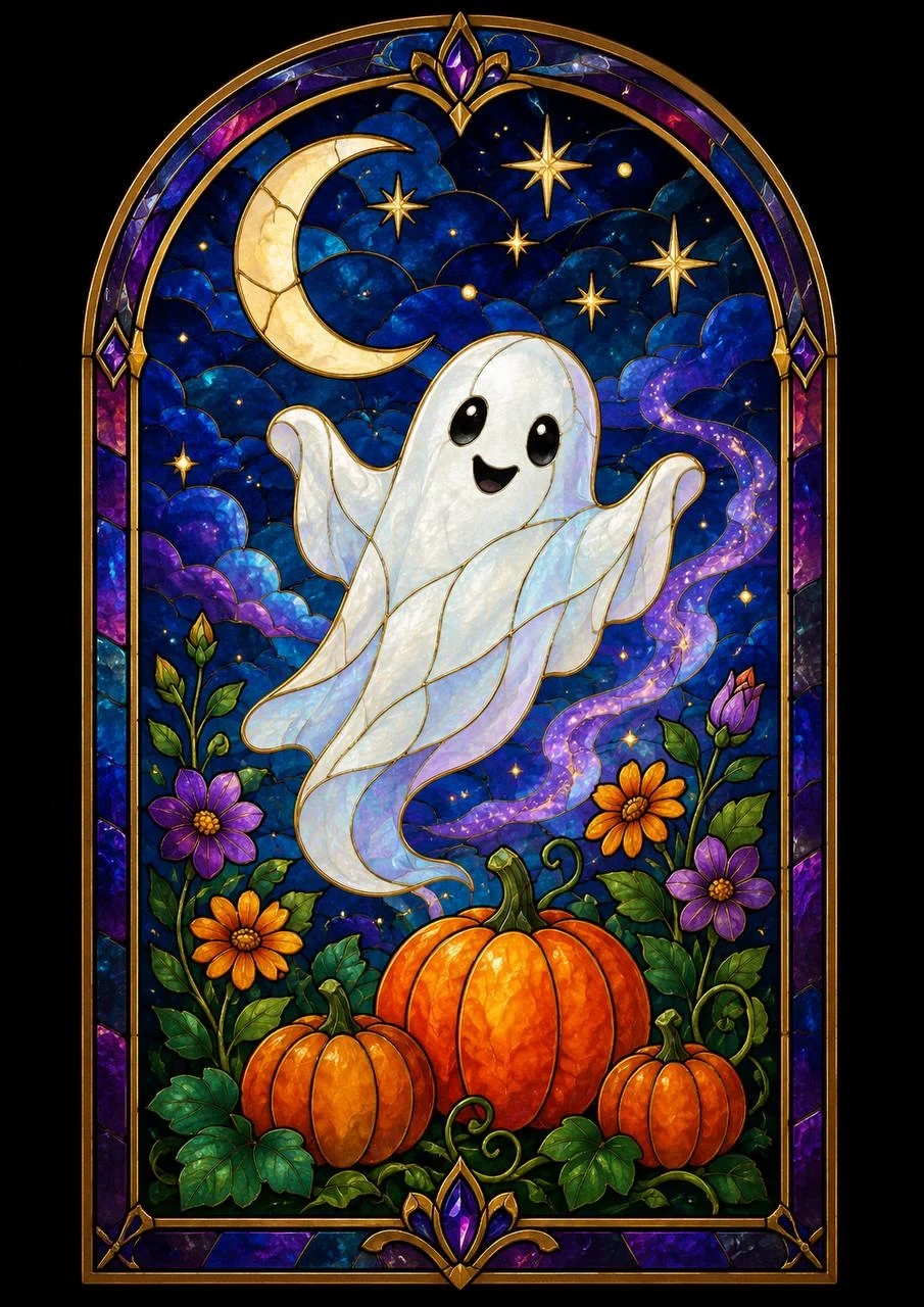 Stained-glass illustration of a smiling ghost above pumpkins and flowers under the moon