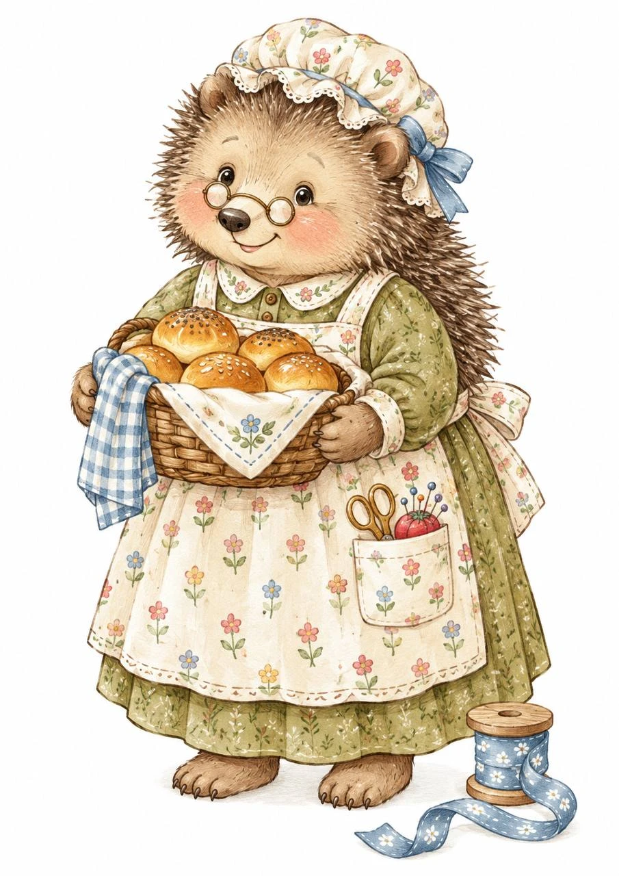 A hedgehog in a floral scarf and apron holds a treat. The patterned outfit and small domestic details give the character a homely charm.