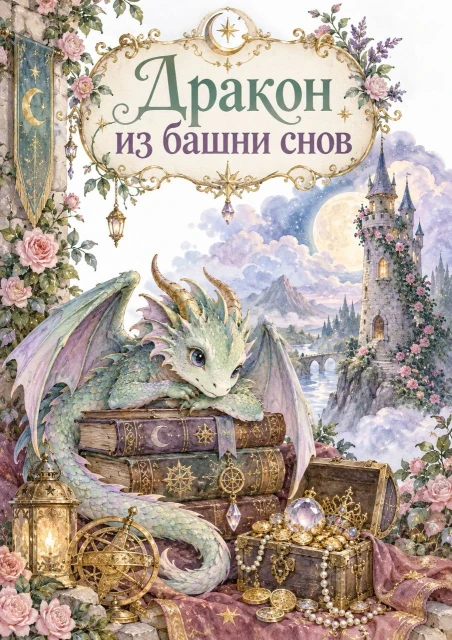 Children's book cover illustration titled Dragon from the Tower of Dreams with a young dragon, books and magical treasures