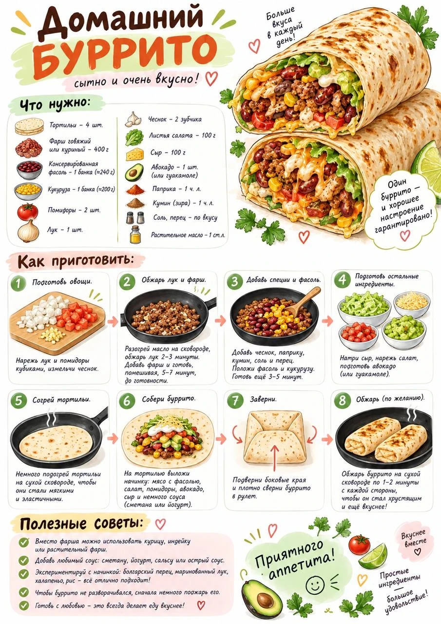 Illustrated recipe poster for homemade burrito with tortillas, beef or chicken mince, beans, corn, vegetables, cheese and step-by-step cooking guide