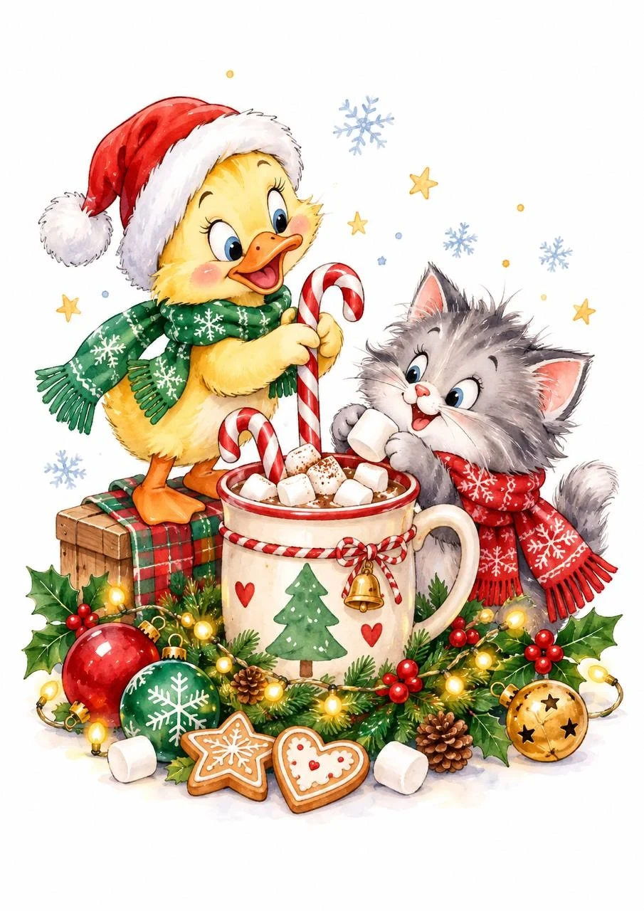 Festive watercolor duckling in a Santa hat and fluffy kitten sharing a giant mug of cocoa with marshmallows, candy canes, lights and Christmas cookies