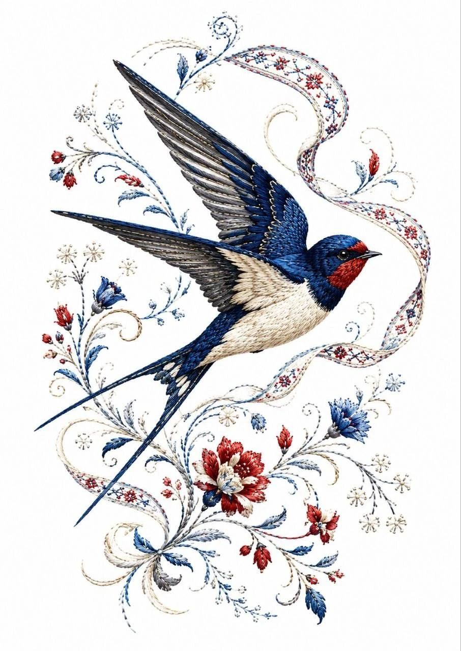 A swallow in flight is framed by curling stems, flowers and berries. Its movement flows through the decorative botanical pattern.