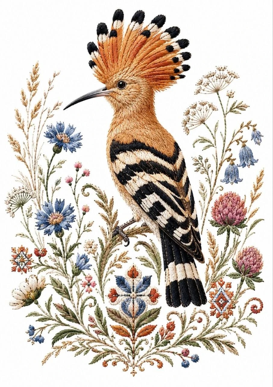 A hoopoe with its crest raised perches among grasses and flowers. Its patterned plumage echoes the fine botanical details.