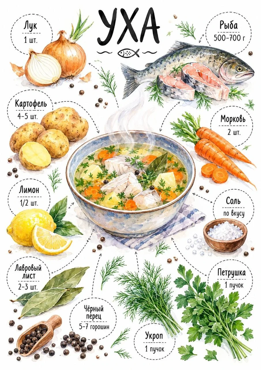 Watercolor ingredient layout for traditional ukha fish soup with fish, potatoes, carrots, onion, lemon, bay leaf, pepper, dill and parsley