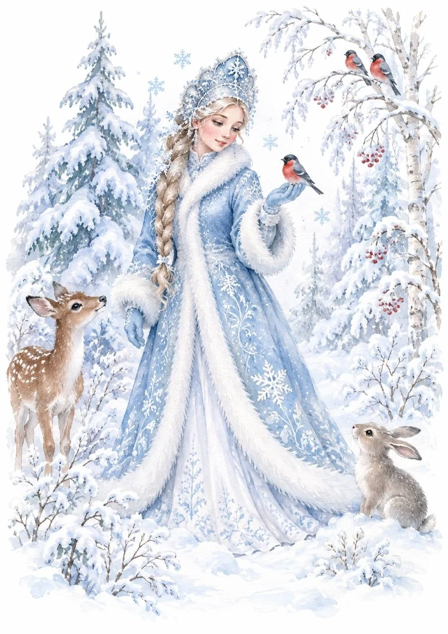 Delicate watercolor illustration of the Snow Maiden in a pale blue fur-trimmed coat surrounded by snowy trees, a fawn, a hare and bright bullfinches