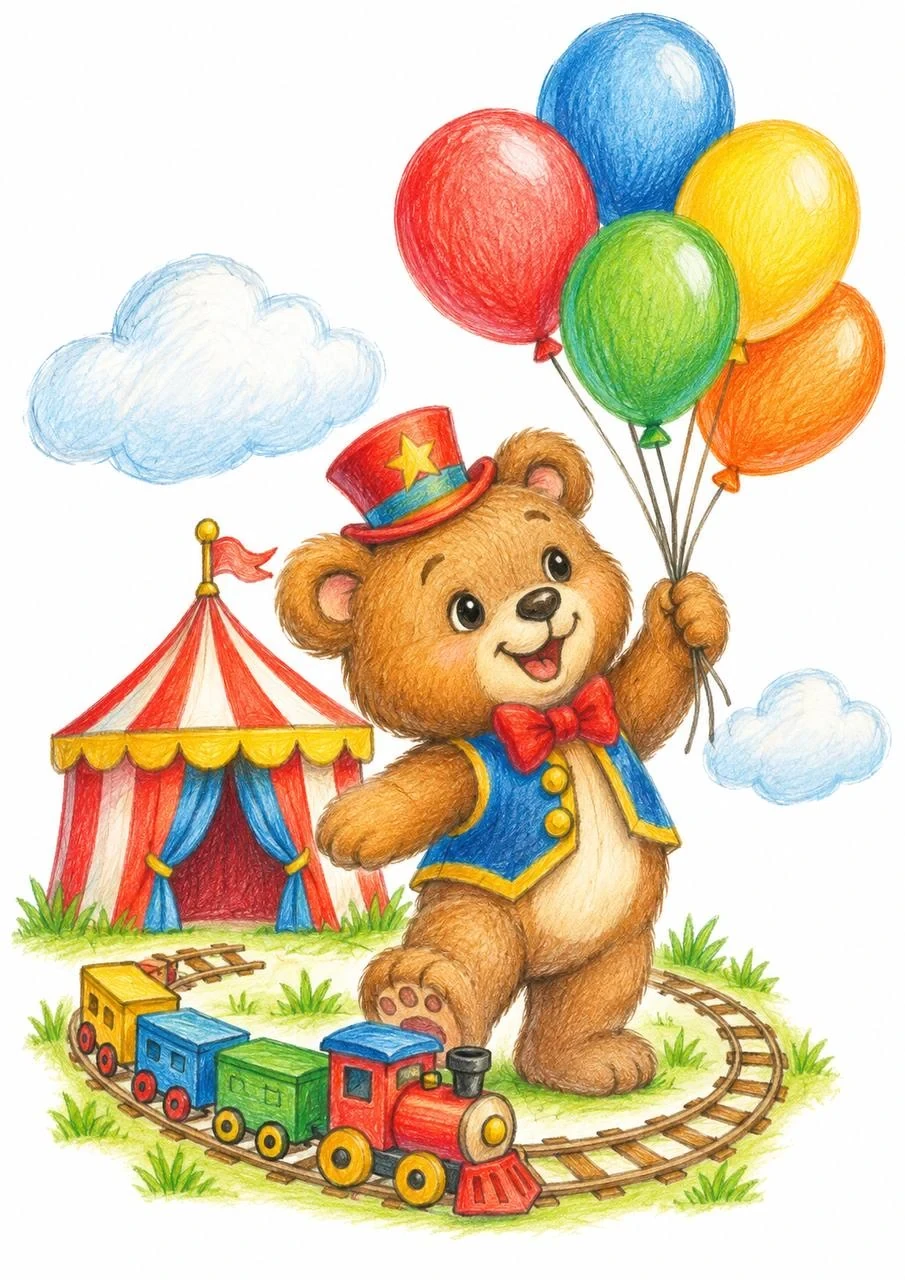 Colored-pencil illustration of a cheerful circus bear in a bright costume holding colorful balloons beside a striped tent and toy train