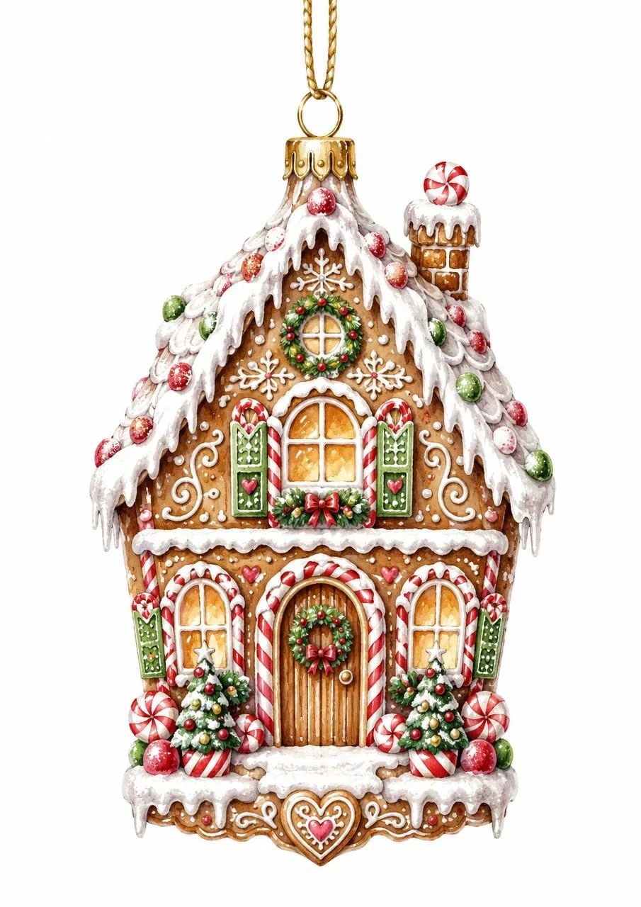Watercolor Christmas gingerbread house ornament with icing, wreaths, candy details and glowing windows