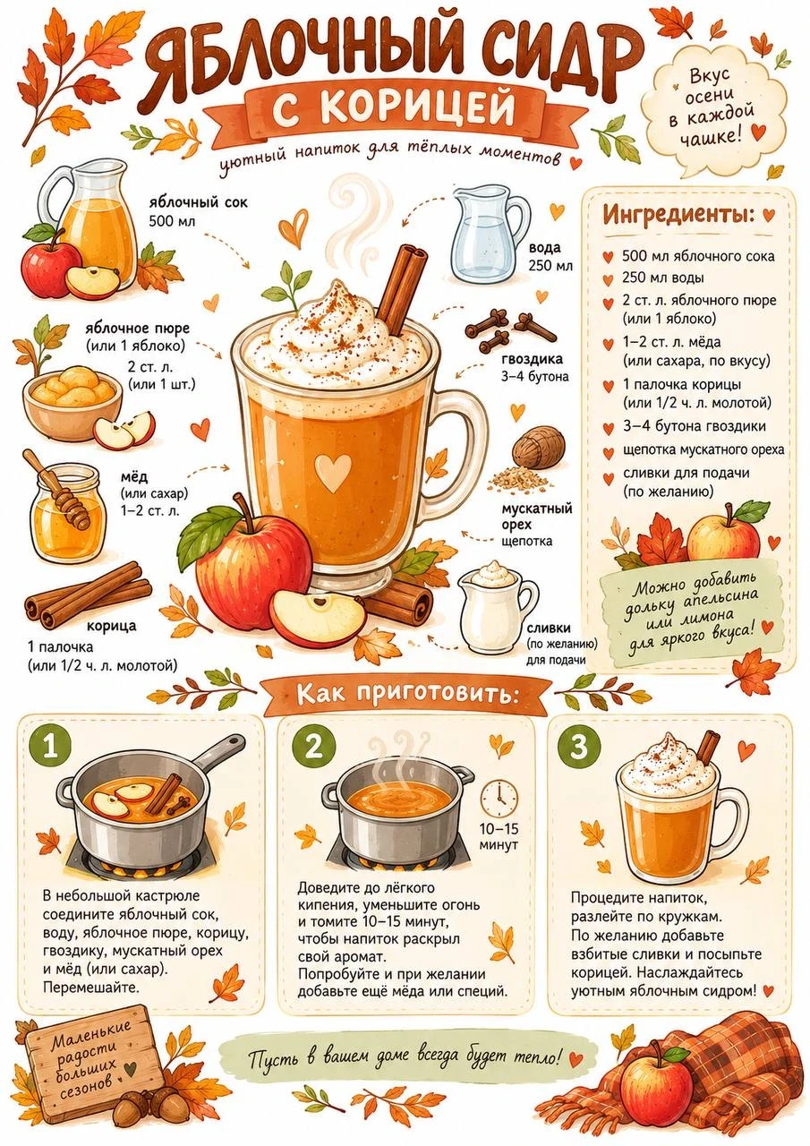 Illustrated recipe poster for apple cider with cinnamon, apple juice, apple puree, honey, spices and a warm autumn drink presentation