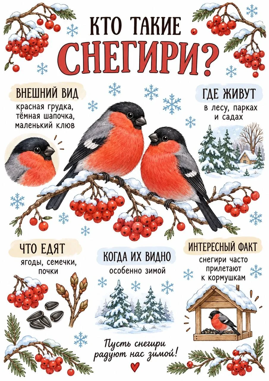 Educational nature poster about bullfinches with close-up bird illustrations, food, habitat and winter facts