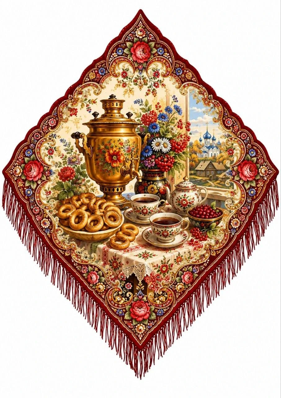 Decorative still life of samovar tea service and baranki framed inside a richly ornamented folk shawl