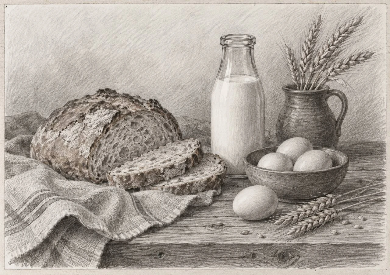 Homemade Bread and Milk — Pencil Still Life