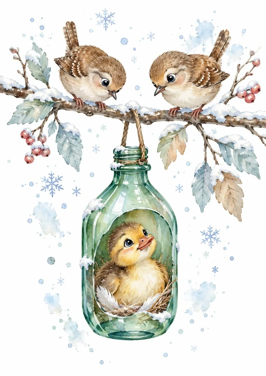 Delightful watercolor winter illustration with a duckling nestled in a green bottle while two sparrows watch from a snowy branch