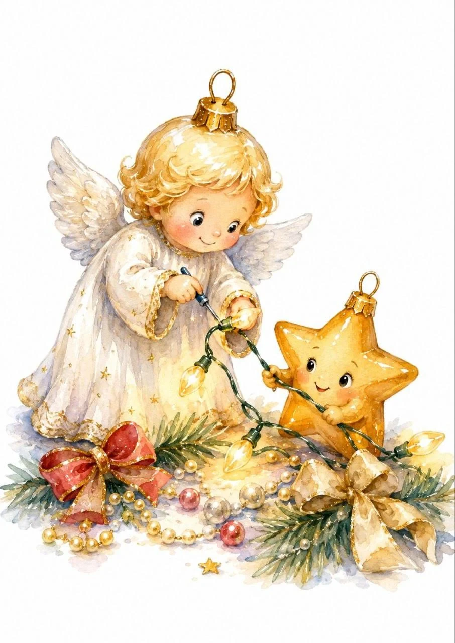 Warm watercolor Christmas illustration of a little angel decorating a smiling star with fairy lights among festive bows and fir branches