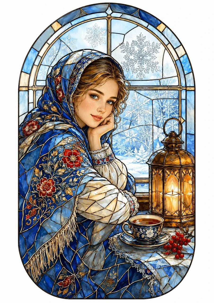 Stained-glass style portrait of a young woman in a blue folk shawl with a lantern and a cup of tea by a snowy window