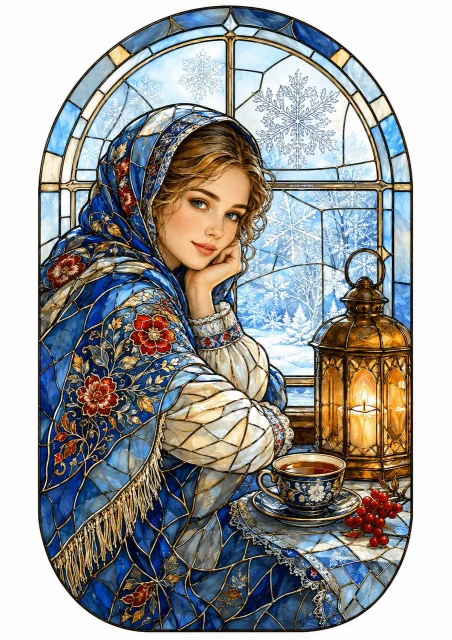 Stained-glass style portrait of a young woman in a blue folk shawl with a lantern and a cup of tea by a snowy window