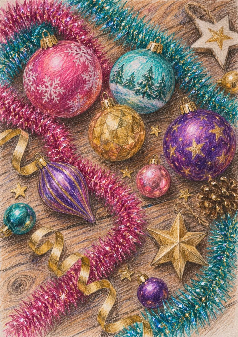Christmas Ornaments and Colourful Tinsel