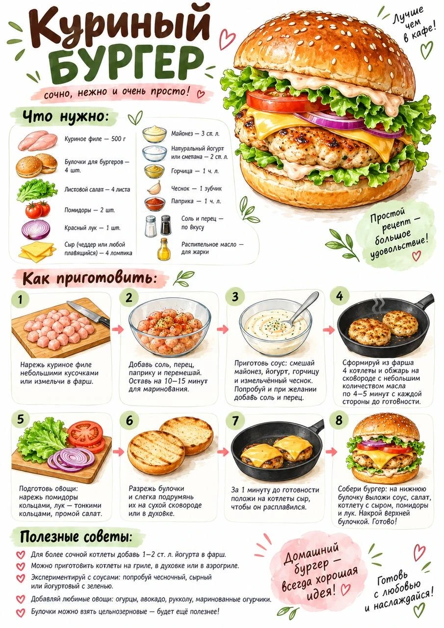 Illustrated recipe poster for chicken burger with homemade chicken patty, bun, cheese, lettuce, tomatoes, onion and sauce