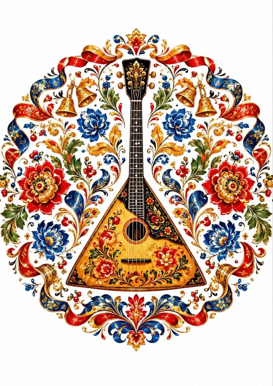 Decorative folk-art composition with a floral balalaika, ribbons and bells