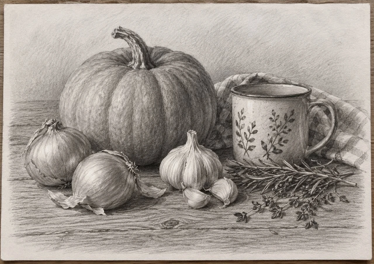 Pumpkin and Mug — Pencil Still Life