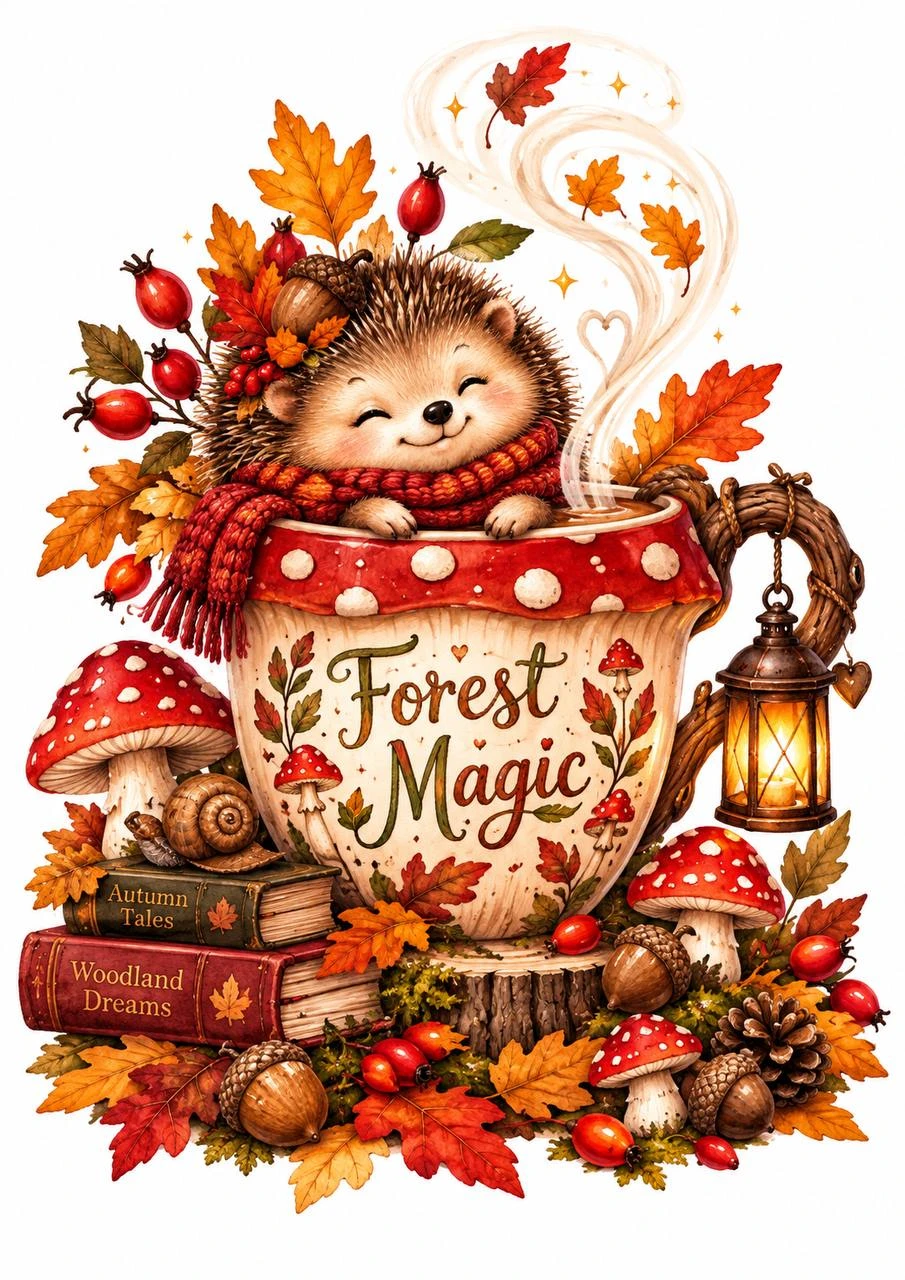 A hedgehog peeks through autumn leaves beside a lantern and decorative lettering. The scene feels like the cover of a small woodland story.