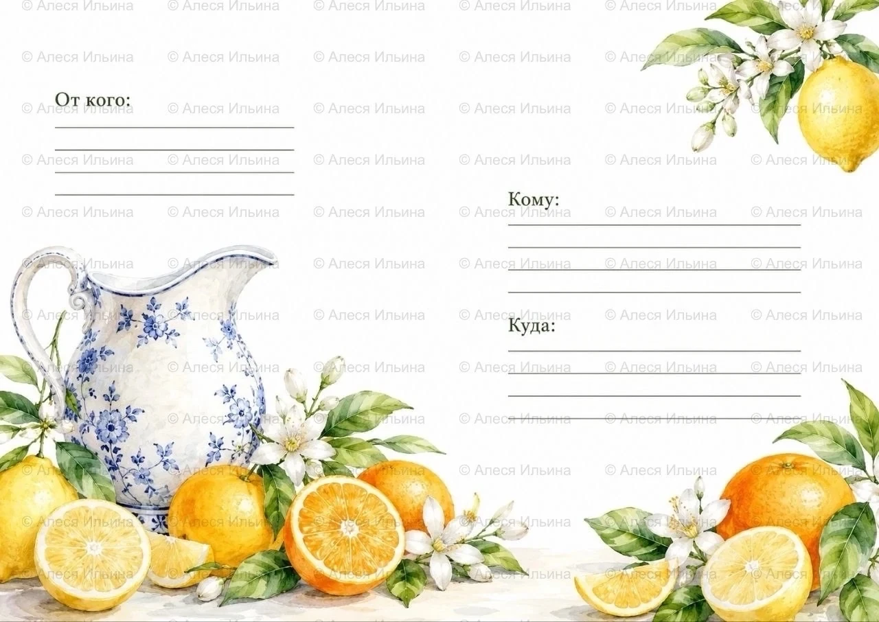 Envelope design — Citrus & Blue Pitcher