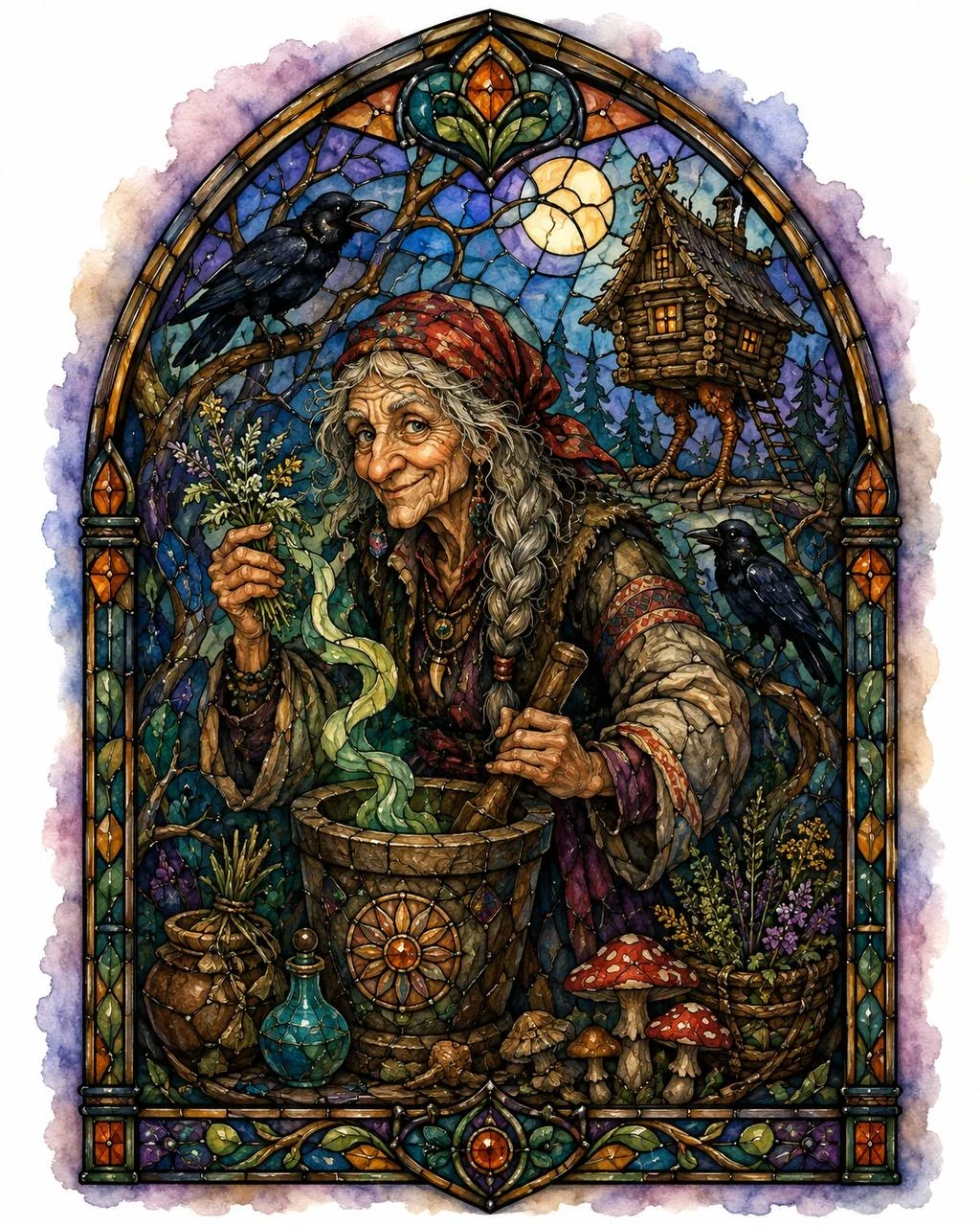 Stained-glass illustration of a forest witch with ravens, herbs and a hut on chicken legs