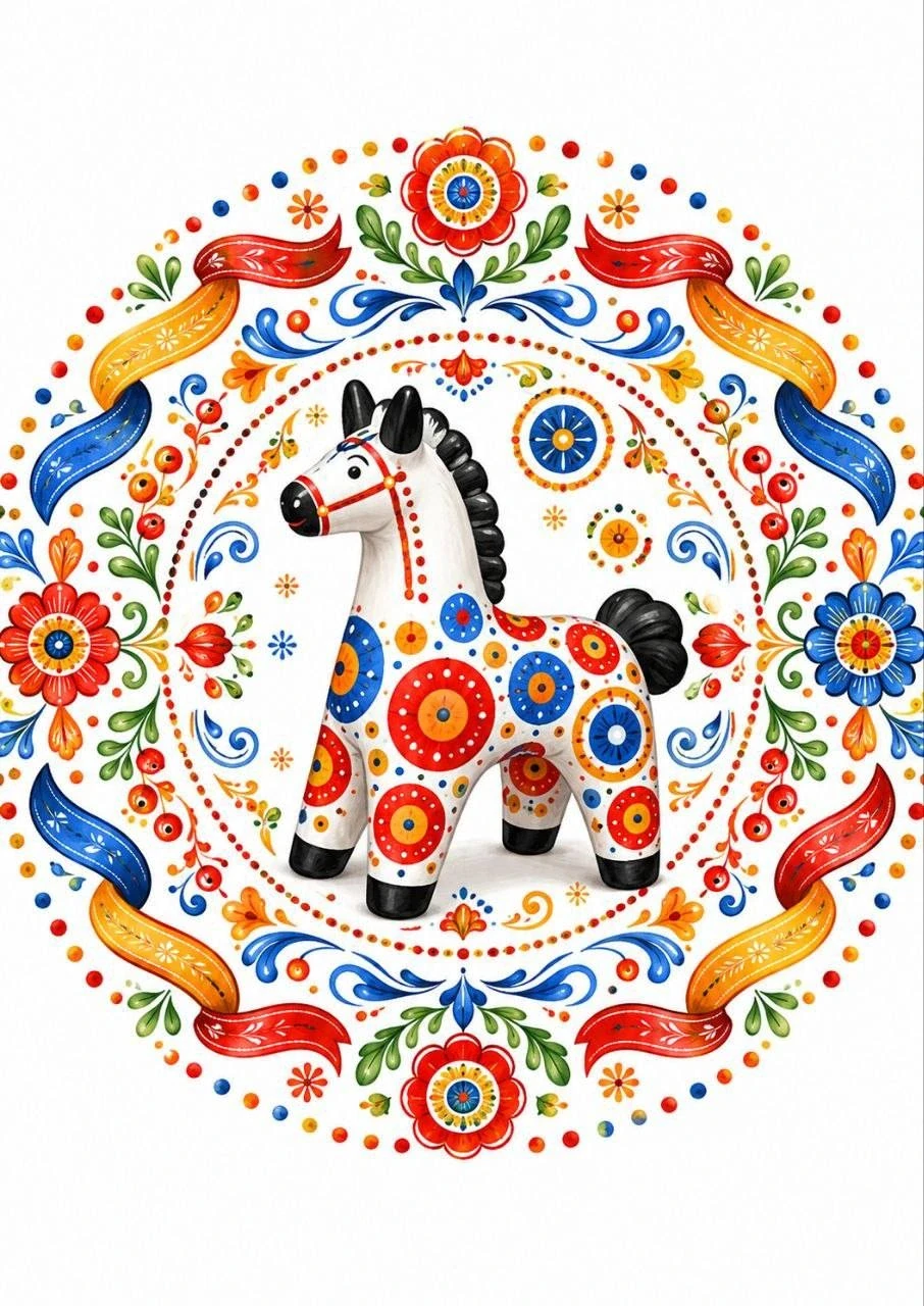 Decorative folk-art composition with a painted Dymkovo toy horse framed by floral motifs