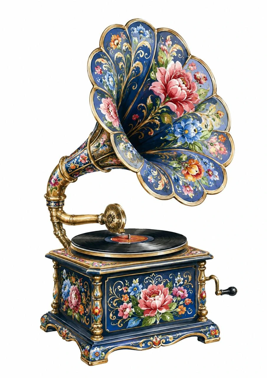 Decorative vintage gramophone painted in blue floral folk style with ornate blossoms and golden details
