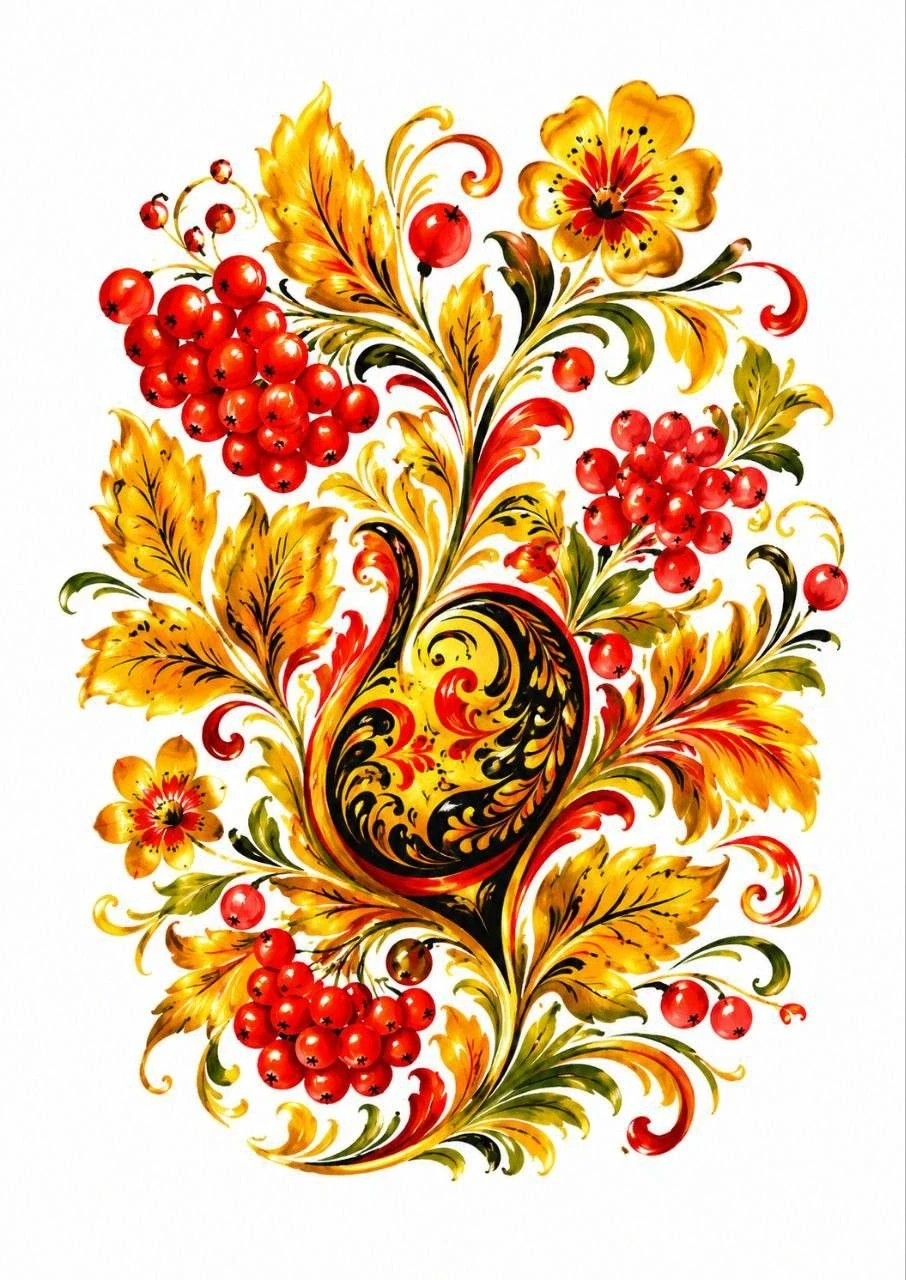 Decorative Khokhloma style ornament with rowan berries, golden leaves and floral swirls