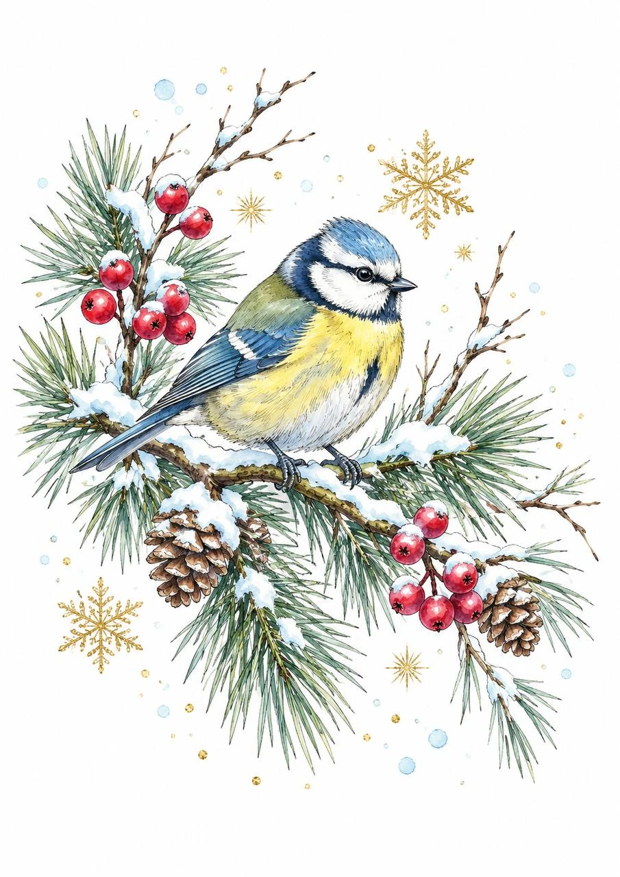 A blue tit perches on a snow-dusted evergreen branch beside red berries. Blue and yellow feathers brighten the winter palette.