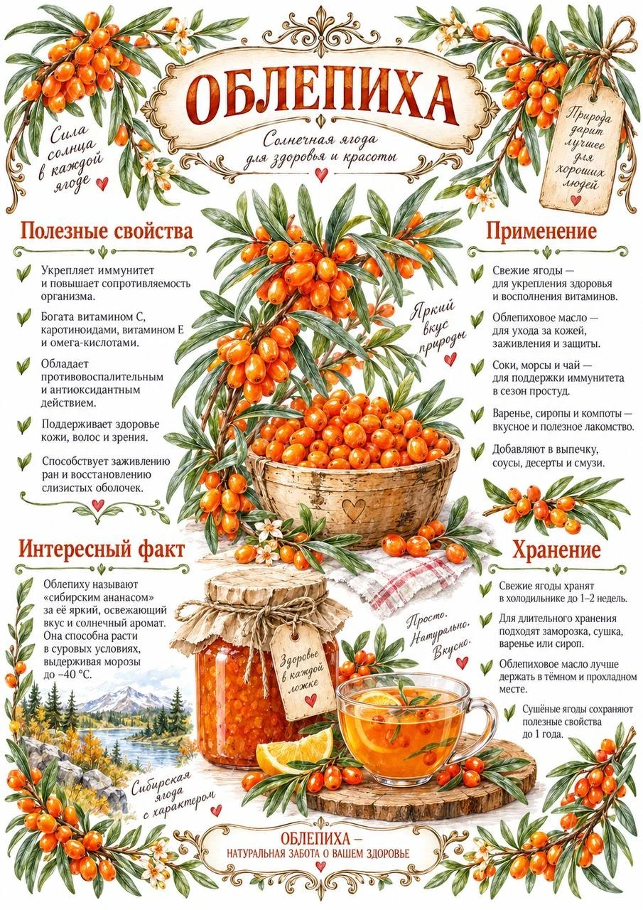 Illustrated botanical sheet about sea buckthorn with tea, preserves, useful properties and storage tips