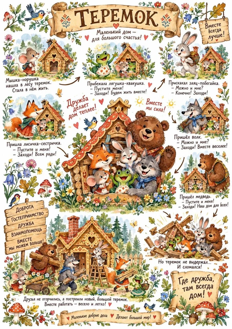 Cheerful folk-style poster about Teremok with the little house in the forest and scenes featuring the mouse, frog, hare, fox, wolf and bear learning friendship and teamwork