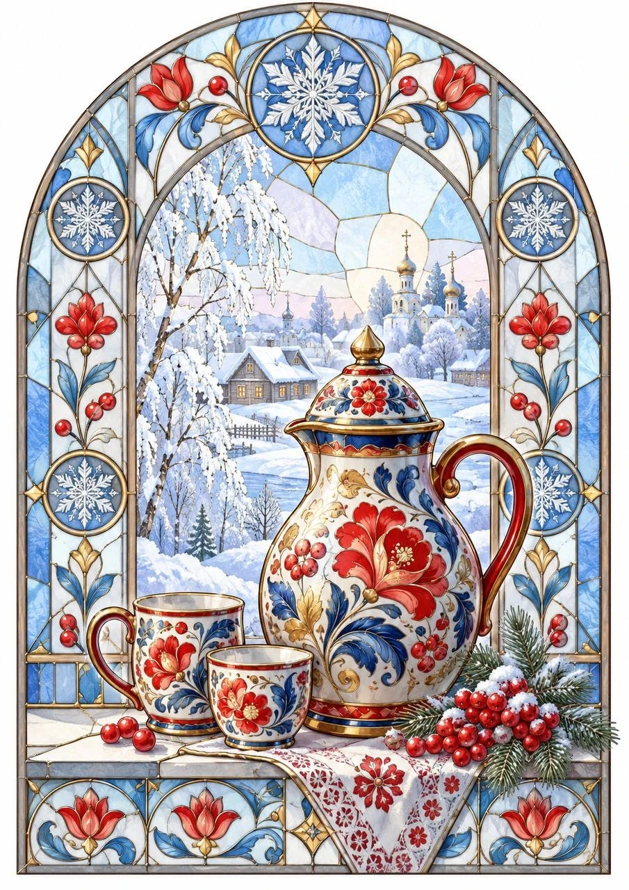 Stained-glass winter still life with red-and-blue folk porcelain, snowy village and berries
