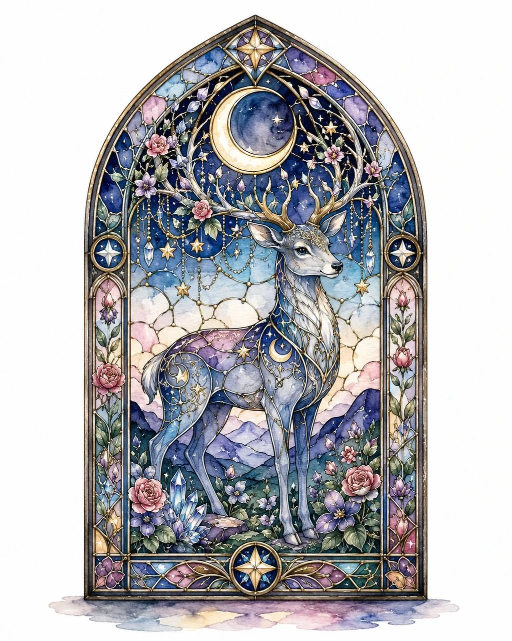 Stained-glass illustration of a celestial deer under the moon with flowers and crystals