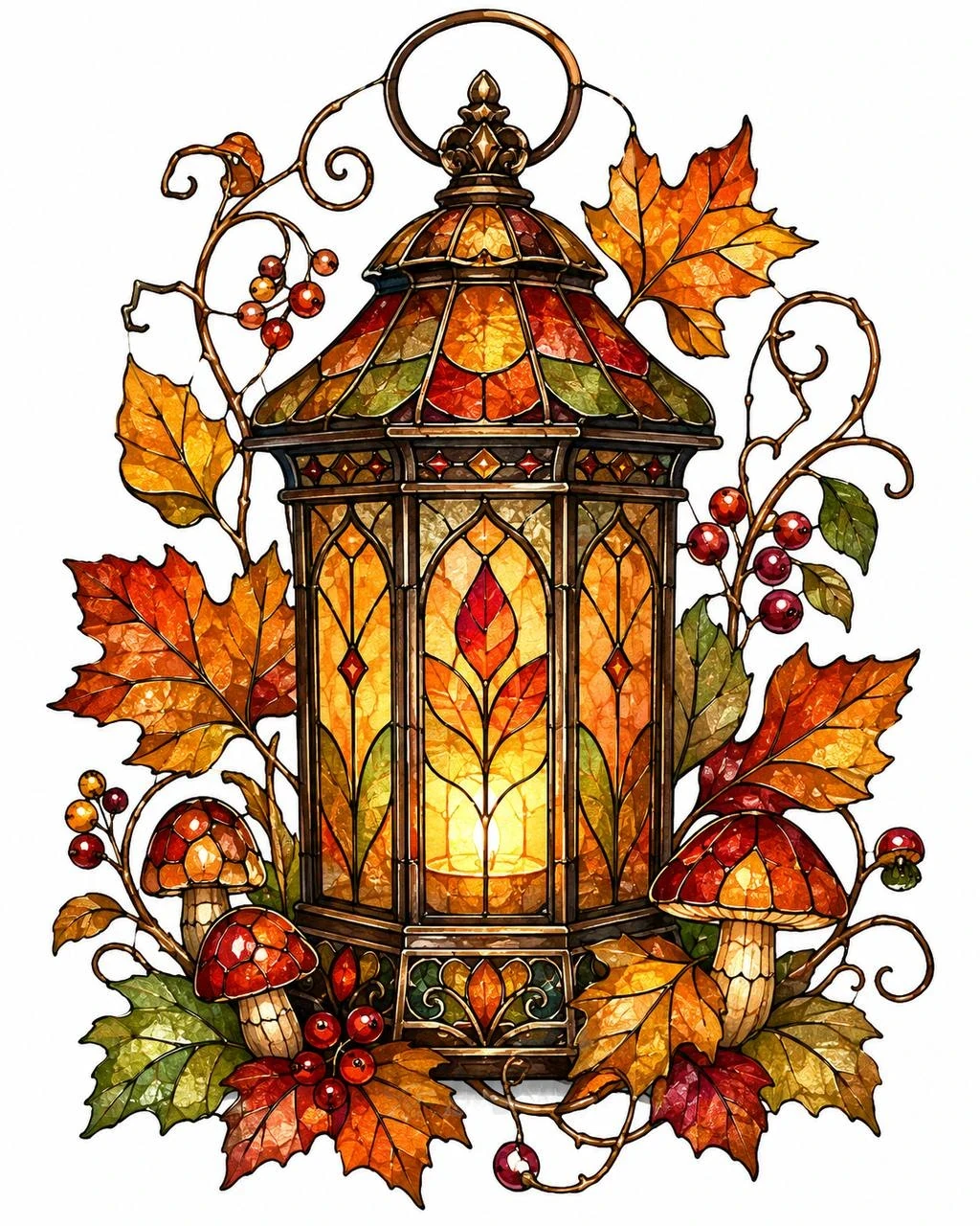 Stained-glass illustration of a glowing lantern framed by autumn leaves, berries and mushrooms