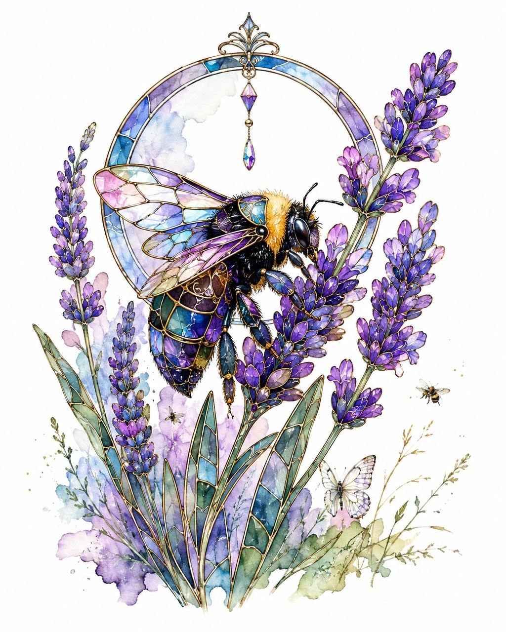 Decorative stained-glass illustration of a bumblebee among lavender stems