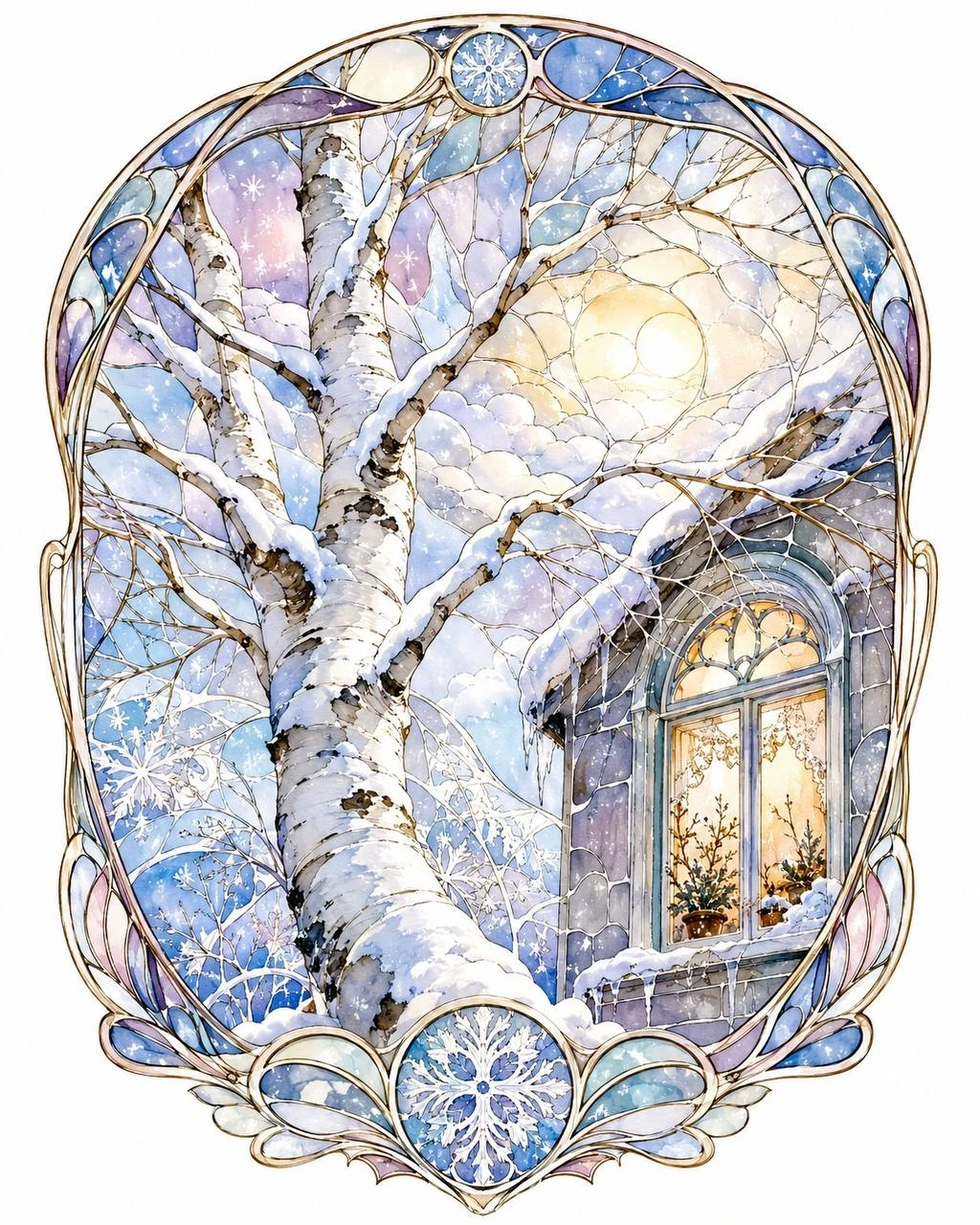 Stained-glass winter illustration of a snowy birch tree beside a glowing cottage window