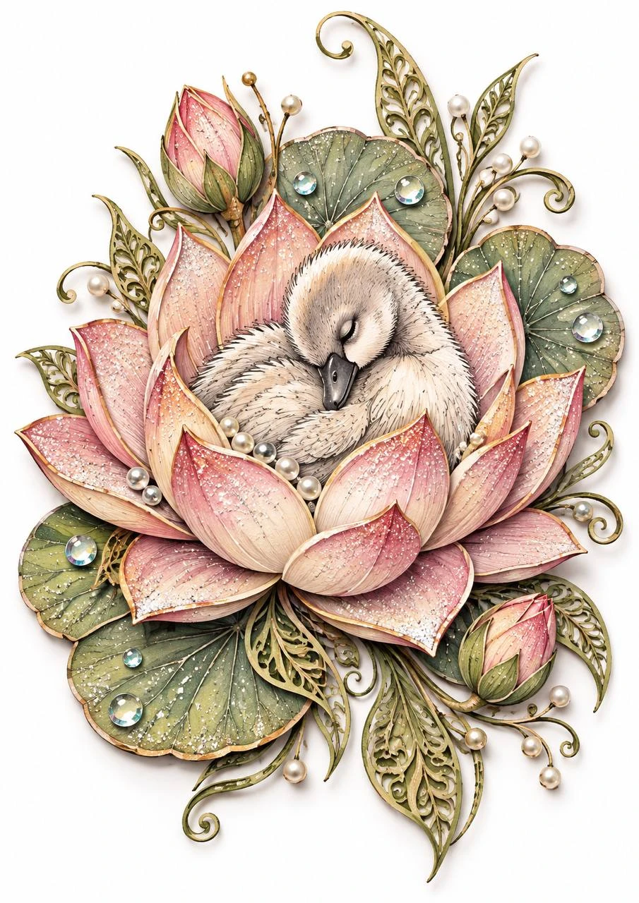 A sleeping swan nestles among large pink flowers and leaves. Soft lines and muted colors emphasize the peaceful scene.