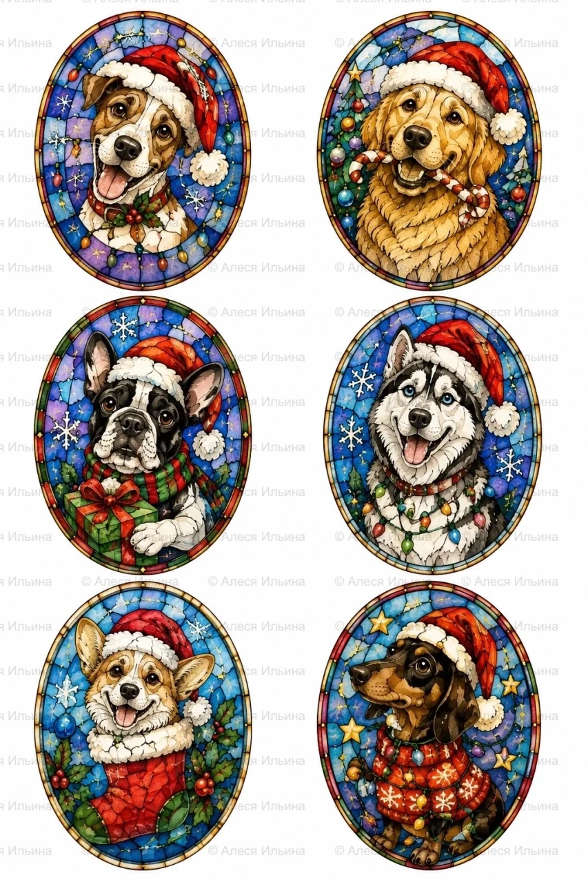 Sticker collection — Stained Glass Christmas Dogs I