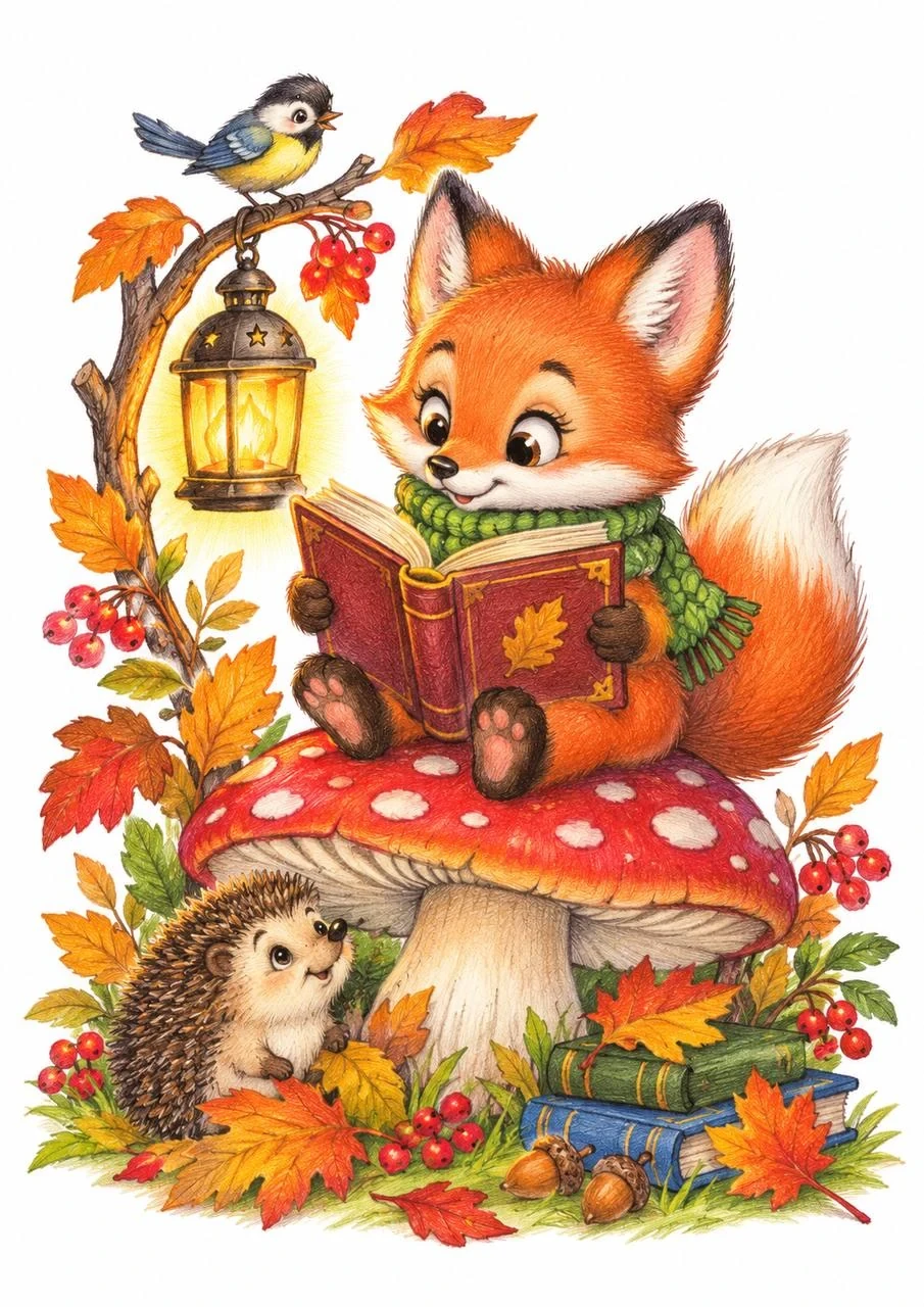 Cozy colored-pencil woodland scene of a little fox reading a book while sitting on a spotted mushroom, with a lantern, autumn leaves and a hedgehog listening below