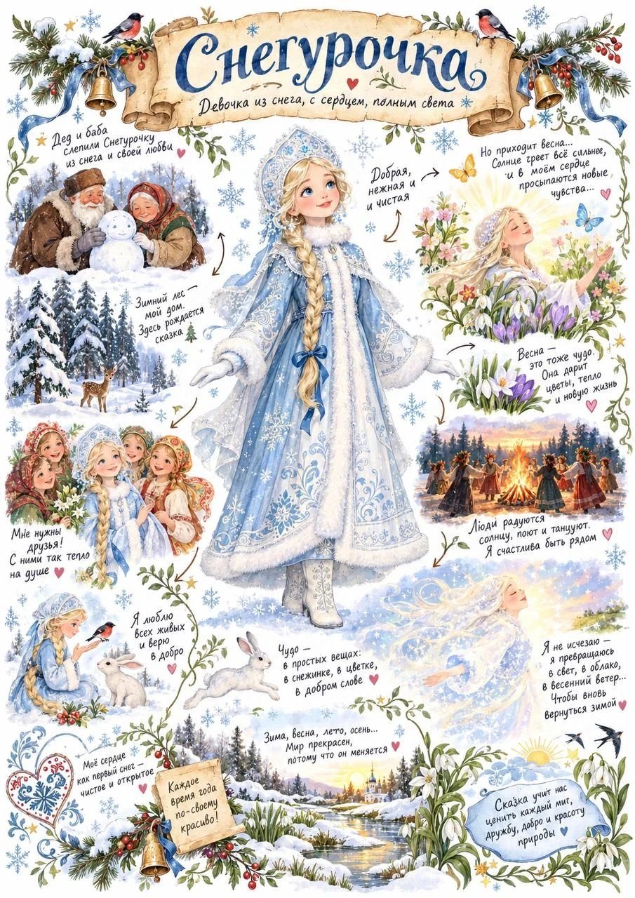 Poetic story poster about Snegurochka with seasonal scenes from winter to spring, gentle woodland animals and a luminous central heroine