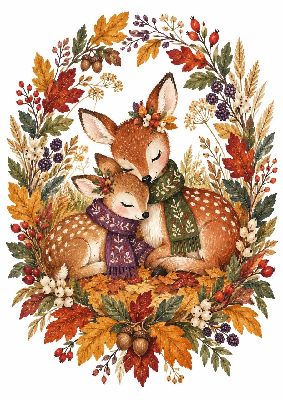Two rabbits sit among autumn leaves, flowers and berries. A balanced wreath composition brings them together in a warm seasonal scene.
