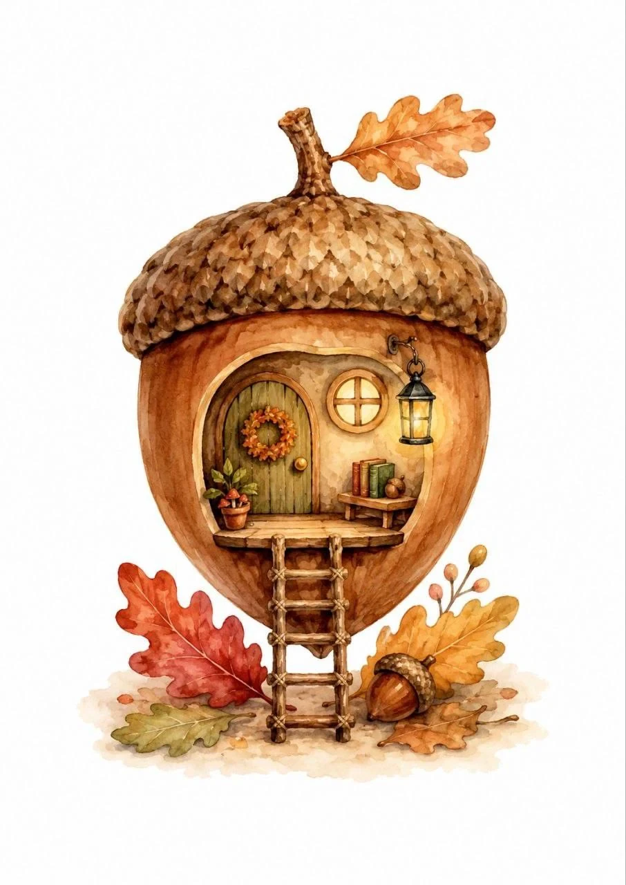 Cute watercolor fairy house shaped like a large acorn, with a tiny door, ladder, lantern and autumn leaves