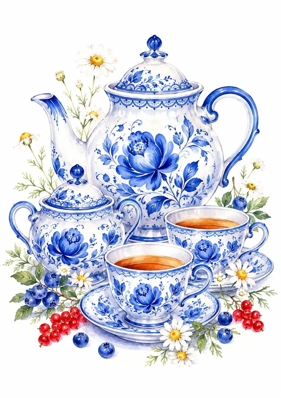 Blue-and-white watercolor illustration of a Gzhel teapot, sugar bowl and teacups with berries and chamomile