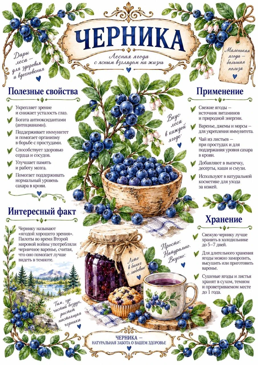 Illustrated botanical sheet about blueberries with culinary uses, health benefits and storage tips